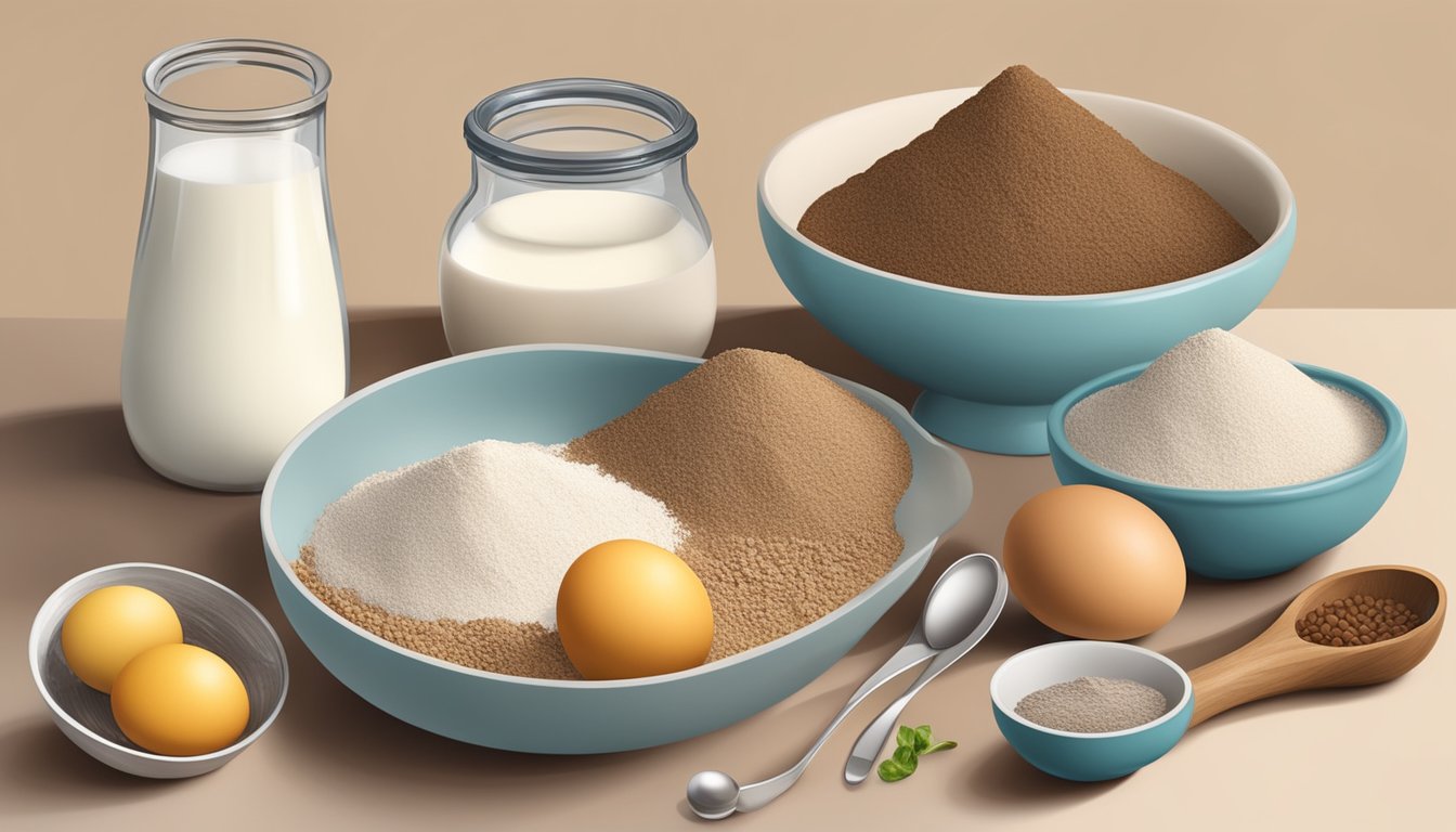 A kitchen counter with bowls of teff flour, measuring spoons, and various baking ingredients like eggs, milk, and fruits