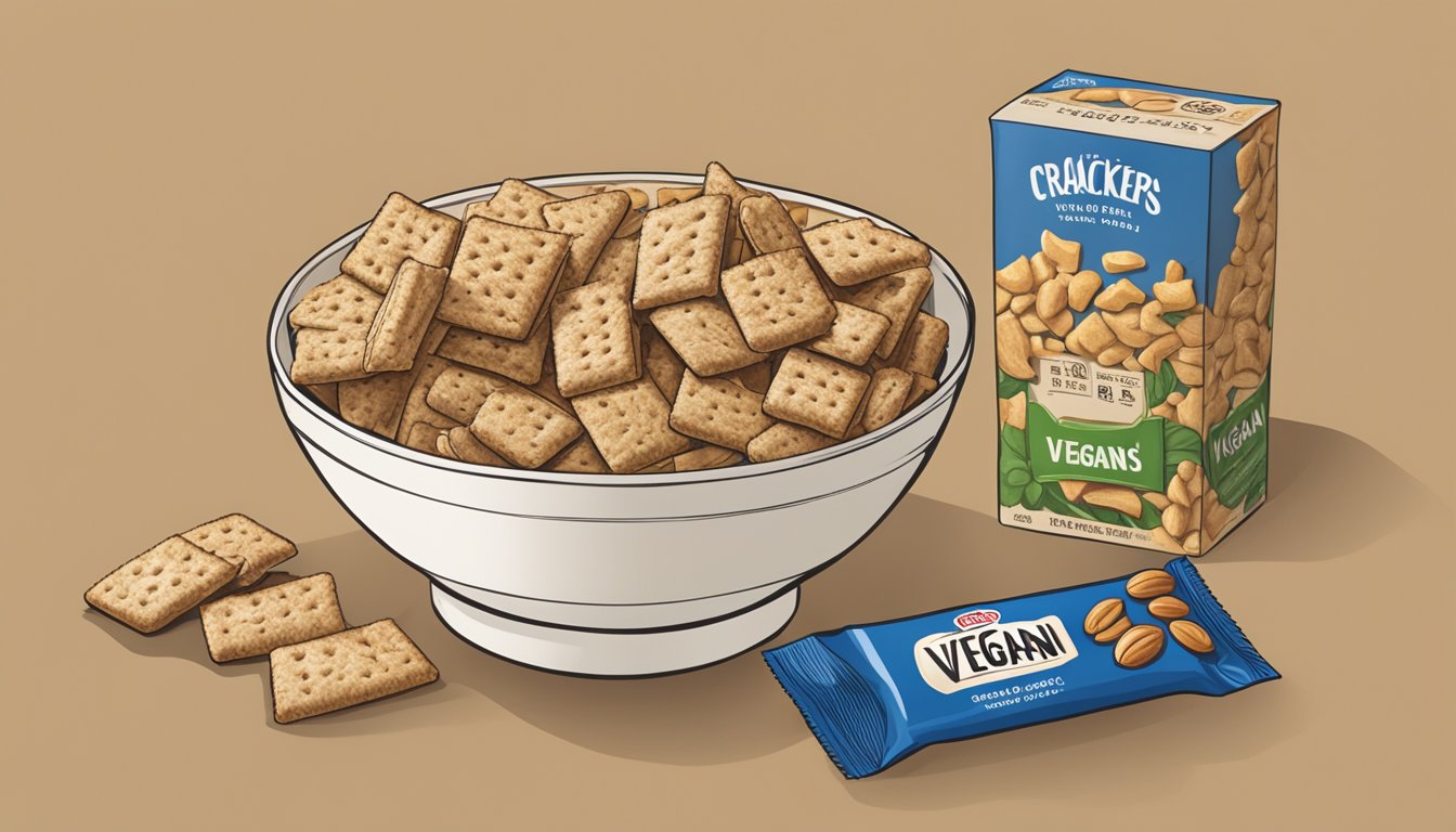 A bowl of vegan-friendly snack alternatives, including crackers and nuts, sits next to a box of cracker jacks with a "vegan" label