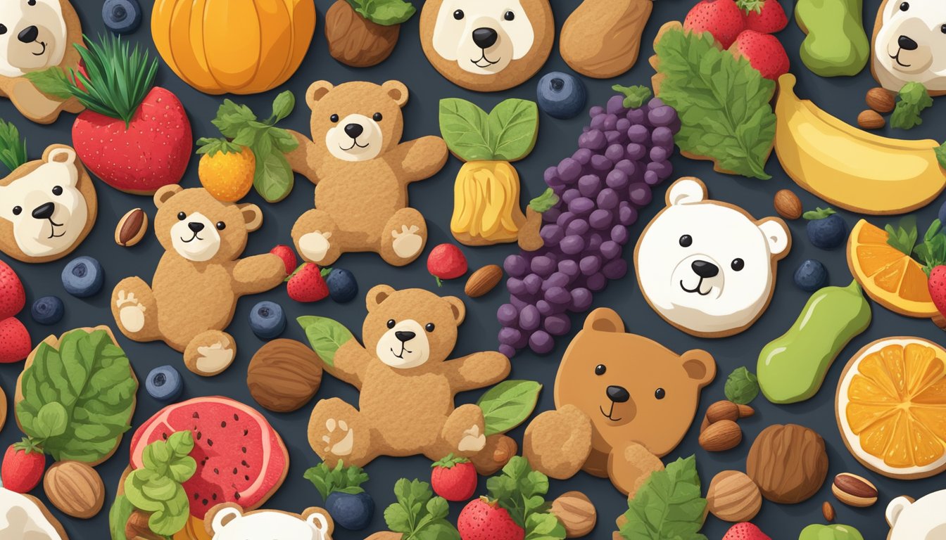 A group of teddy bear-shaped cookies surrounded by various plant-based foods, such as fruits, vegetables, and nuts, with a "vegan" label prominently displayed