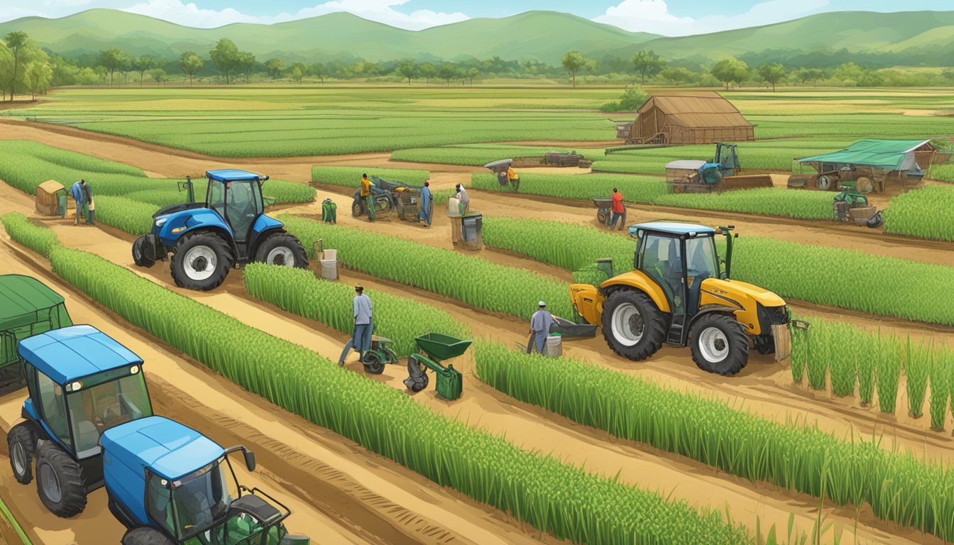 A field of teff plants surrounded by sustainable farming equipment, with a bustling market in the background