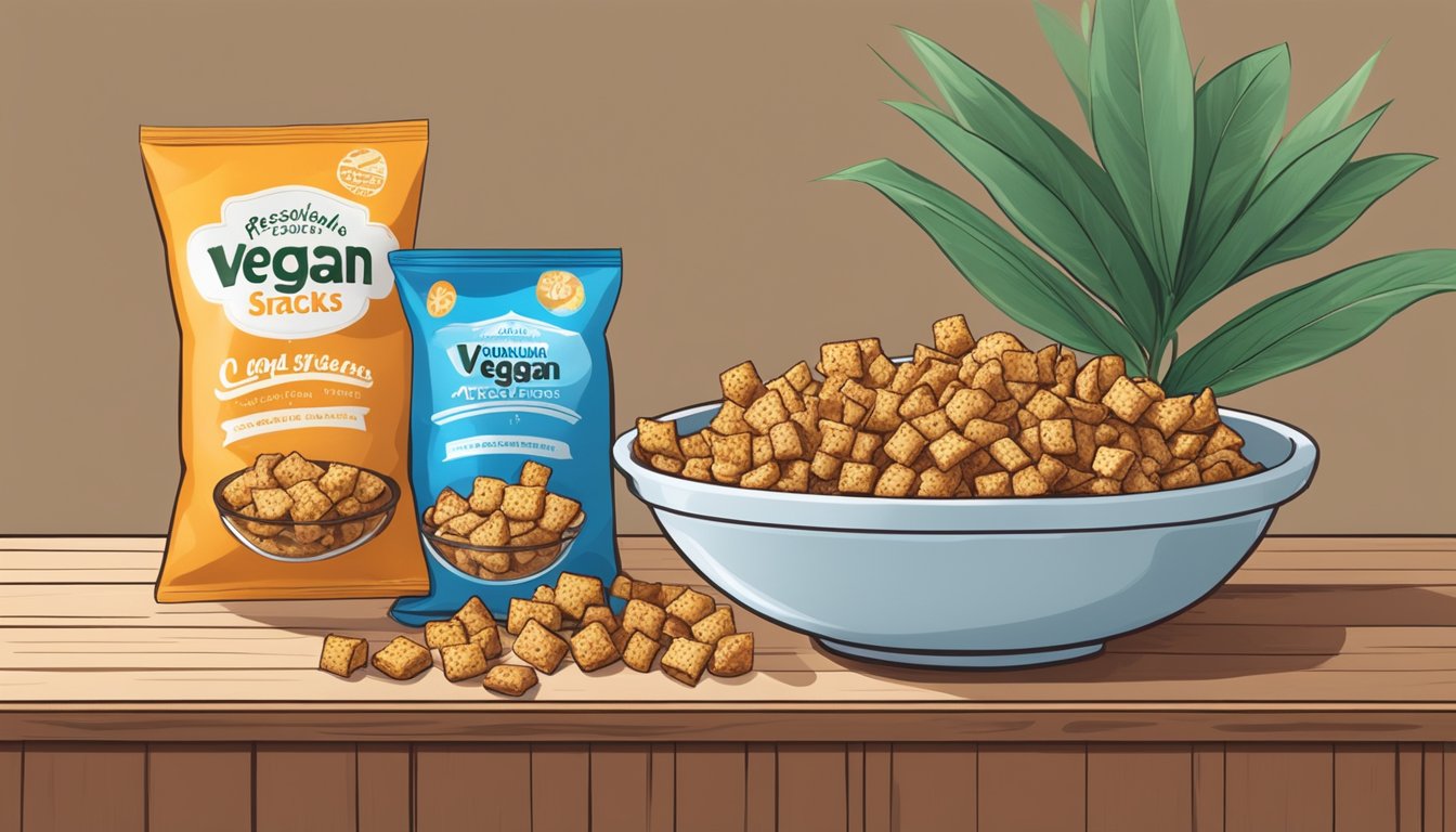 A bowl of assorted vegan snacks, including cracker jacks, arranged on a wooden table with a plant in the background