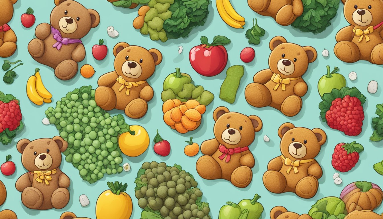 A group of Teddy Grahams surrounded by various fruits and vegetables, with a vegan certification symbol in the background