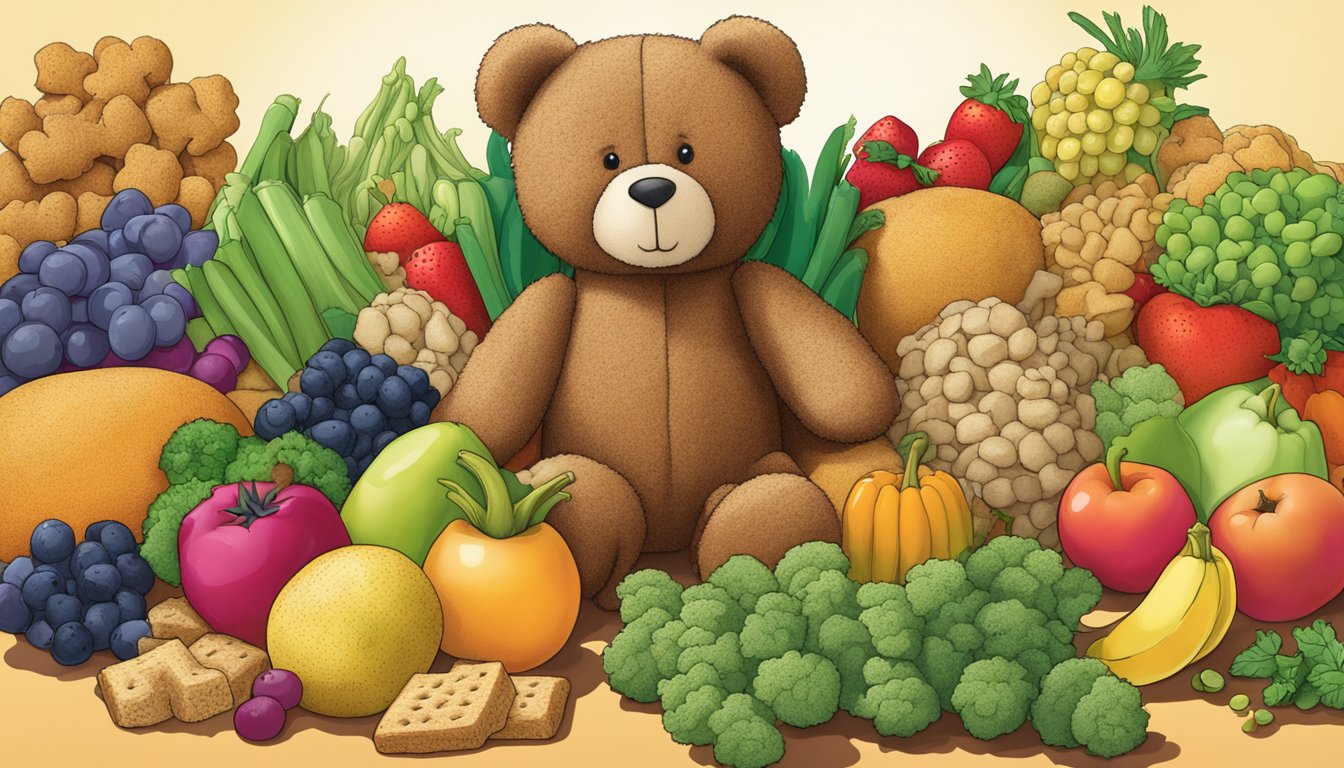 A group of teddy grahams surrounded by various fruits and vegetables, with a "vegan" label prominently displayed