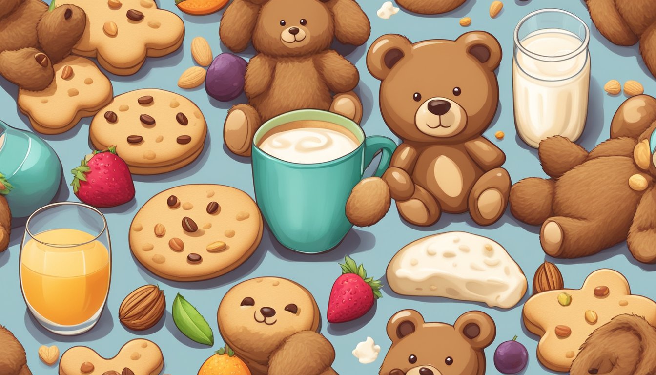 A group of teddy bear-shaped cookies surrounded by various vegan-friendly ingredients like almond milk, fruits, and nuts