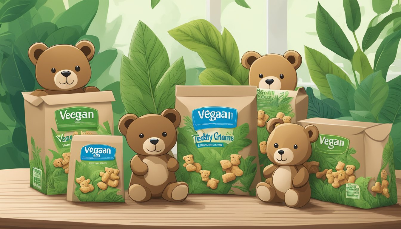 A group of teddy grahams sit on a wooden table surrounded by lush green plants and a recycling bin. The packaging displays a "vegan" label