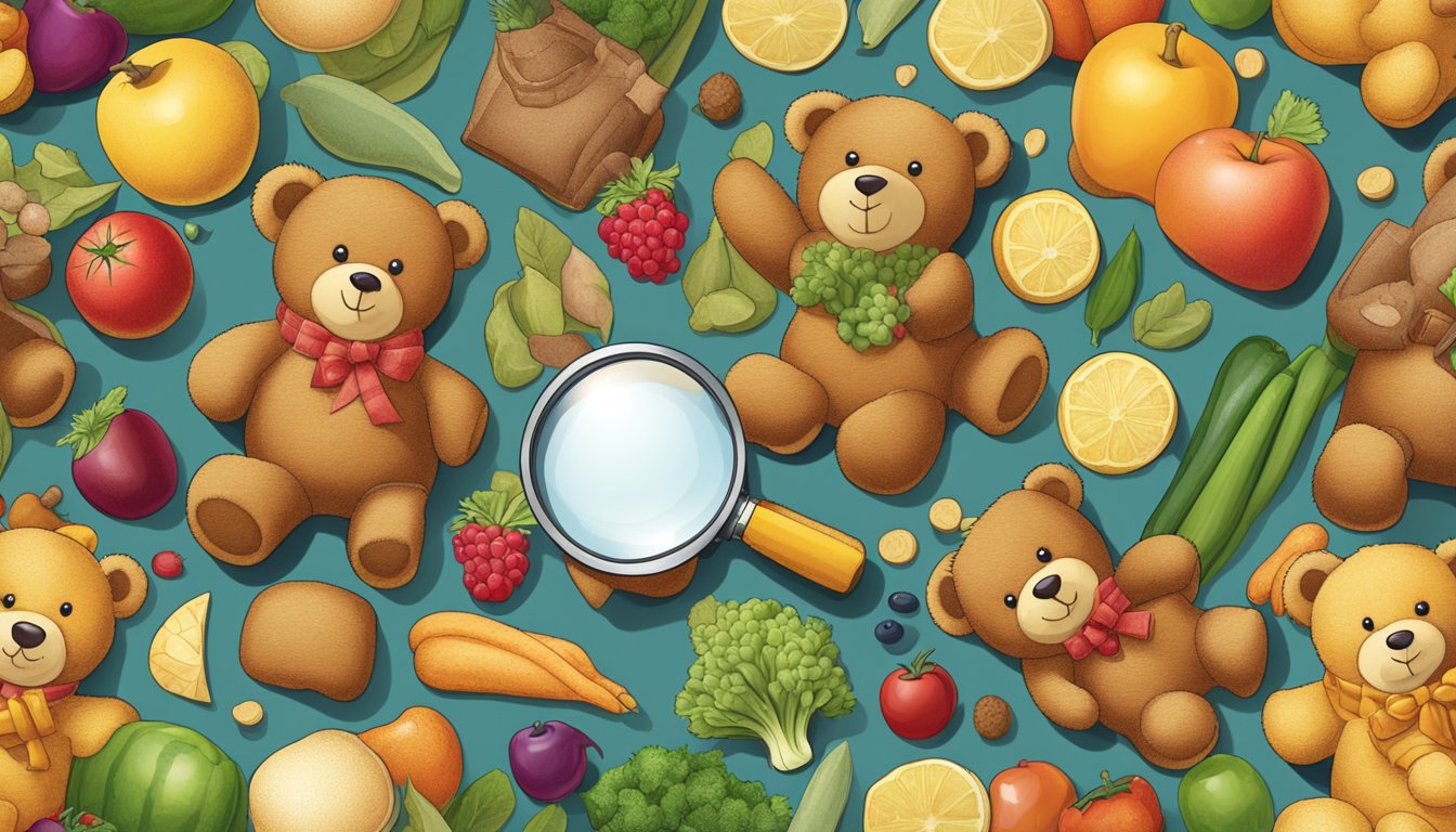 A group of teddy grahams are surrounded by various fruits and vegetables, with a magnifying glass examining the ingredients list