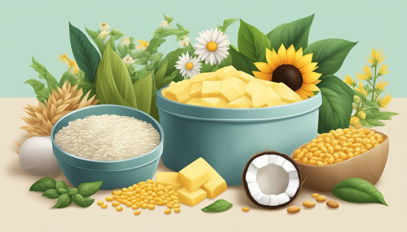 A tub of margarine surrounded by a variety of plant-based ingredients such as soybeans, sunflower seeds, and coconut