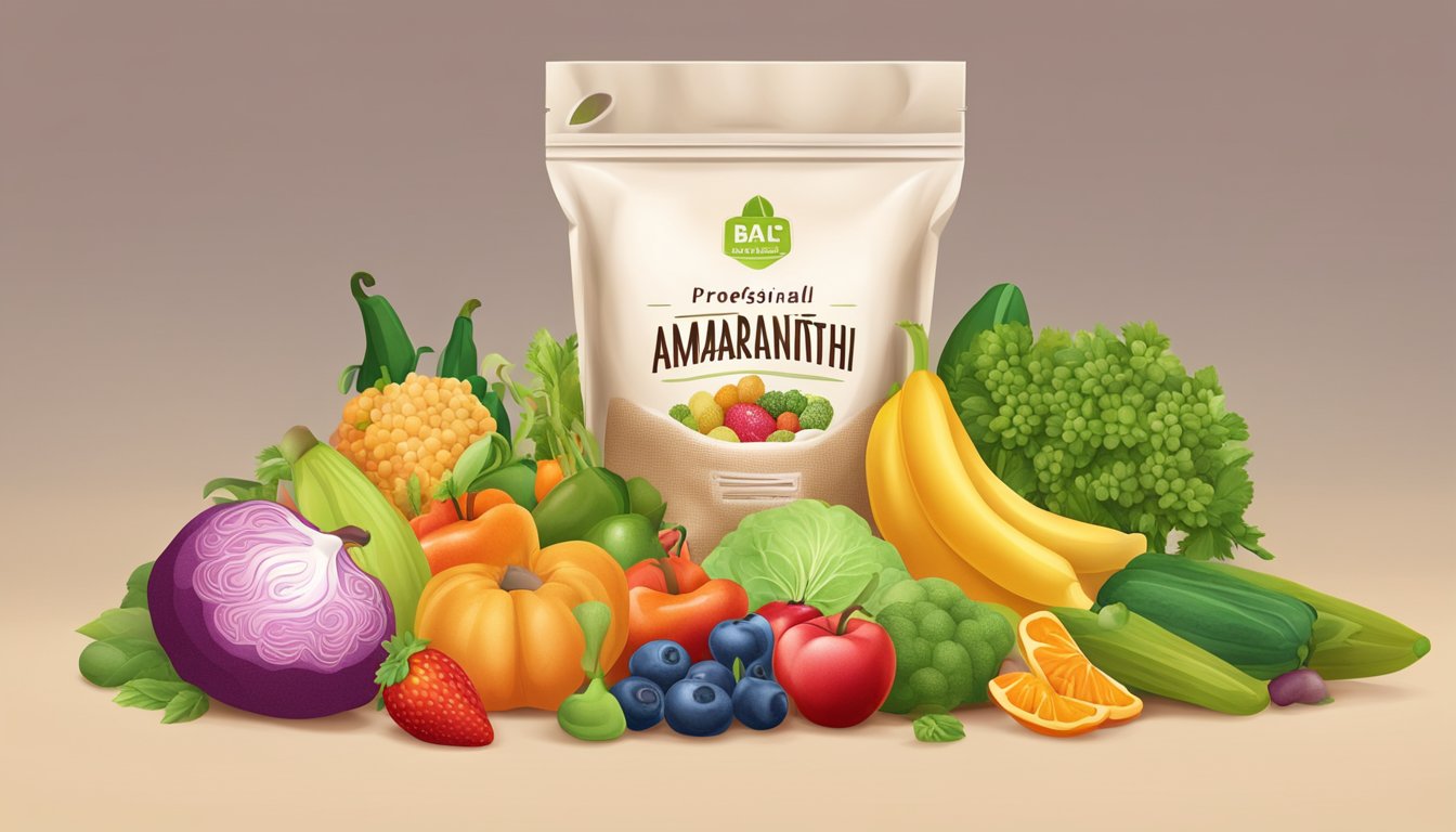 A bag of amaranth flour surrounded by colorful fruits and vegetables