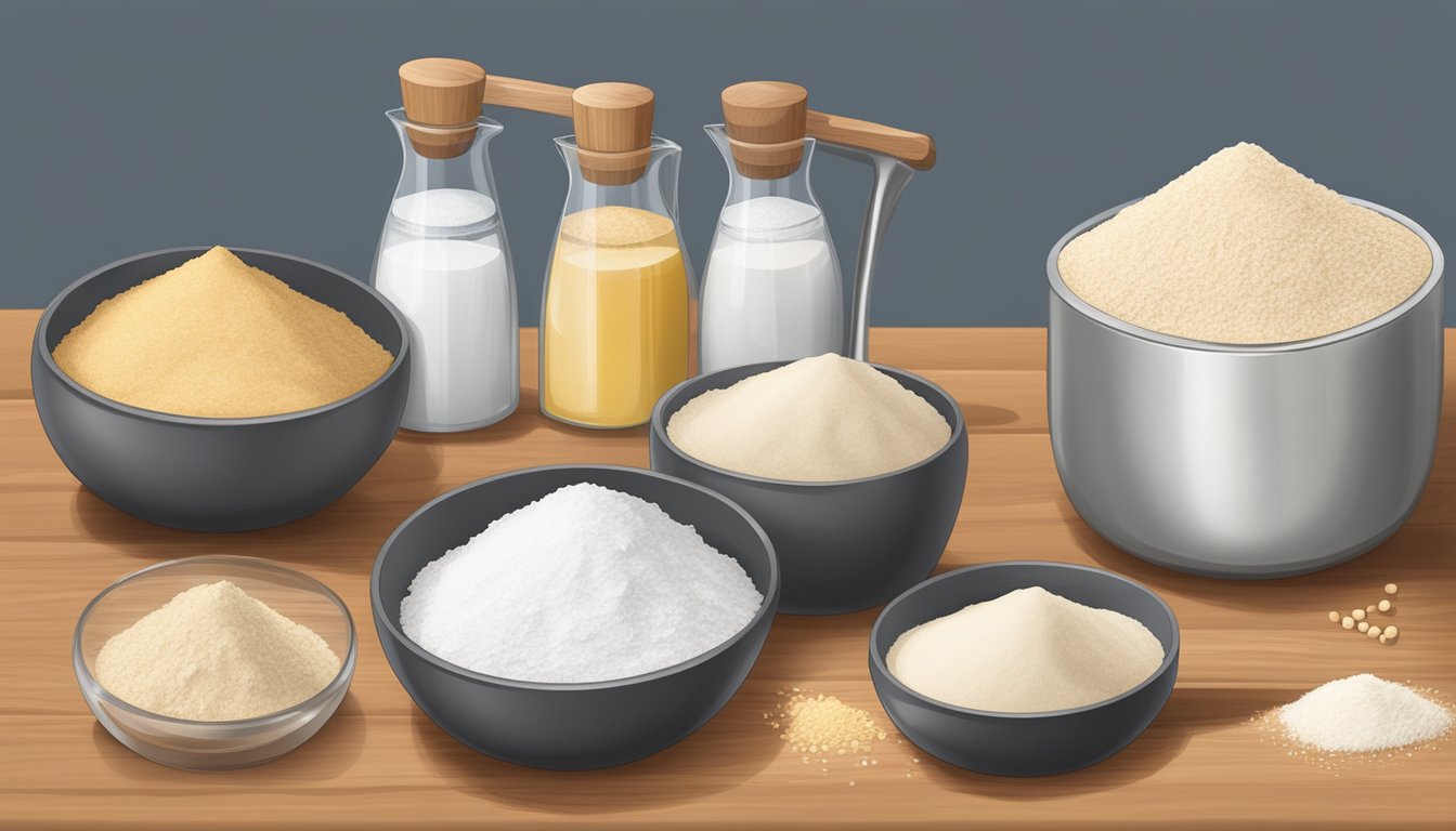 Amaranth flour, wheat flour, and coconut flour arranged on a wooden table with a scale and measuring cups