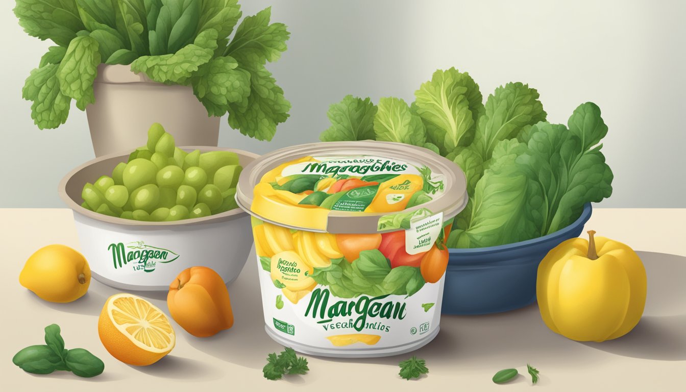 A spread of fresh vegetables and fruits next to a tub of margarine, with a prominent vegan label