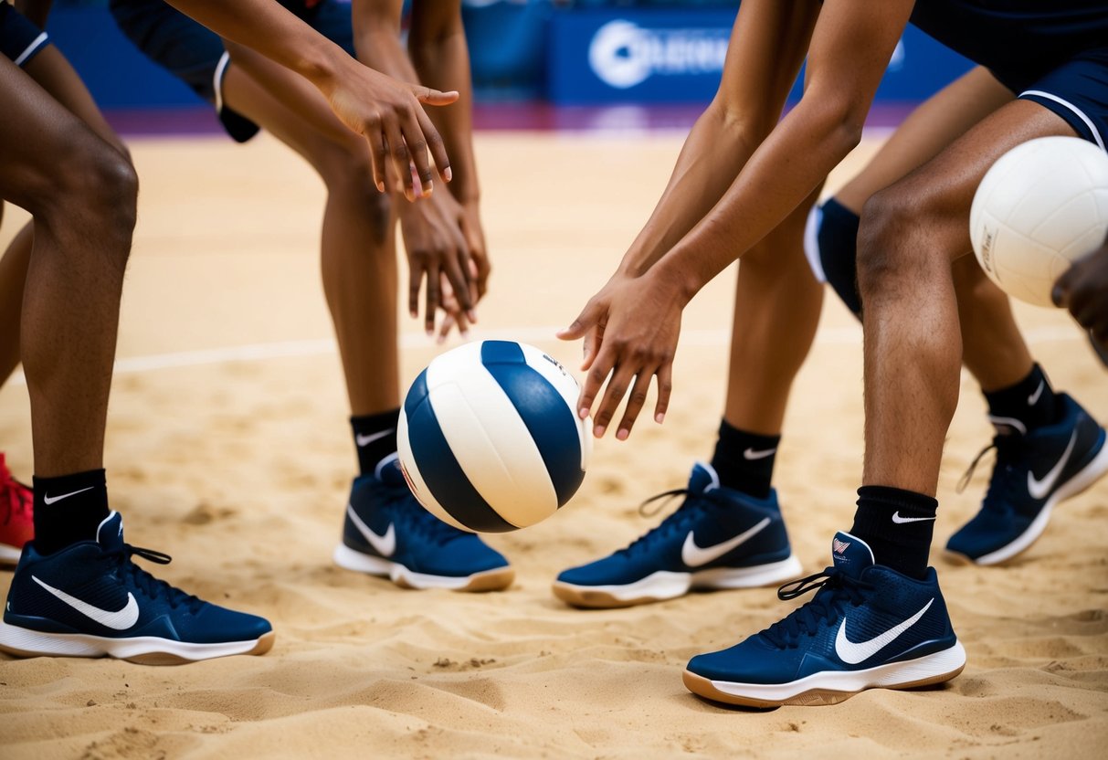 Volleyball players in basketball shoes spiking a ball on a sandy court