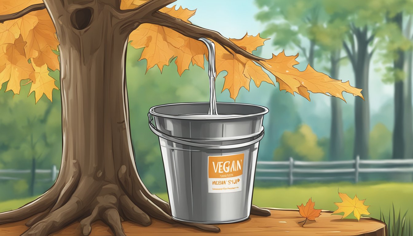 A maple tree dripping sap into a bucket, with a label "vegan" next to a bottle of maple syrup