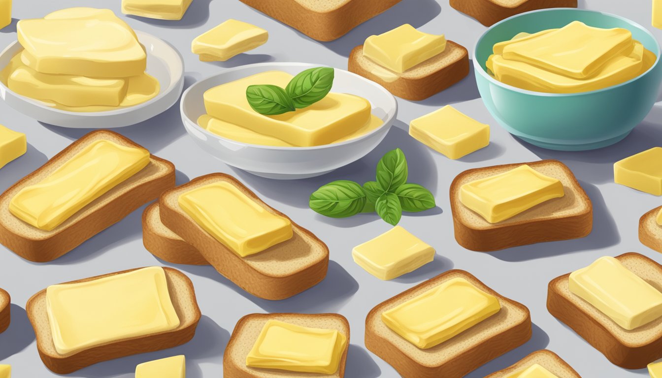 A spread of vegan margarine being used to butter toast