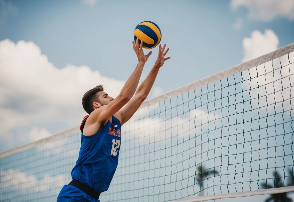 A volleyball player wearing basketball shoes while spiking a ball over a net