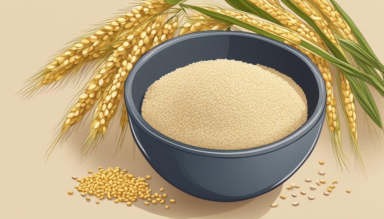 A bowl of millet flour surrounded by whole millet grains and a sprig of fresh millet plant