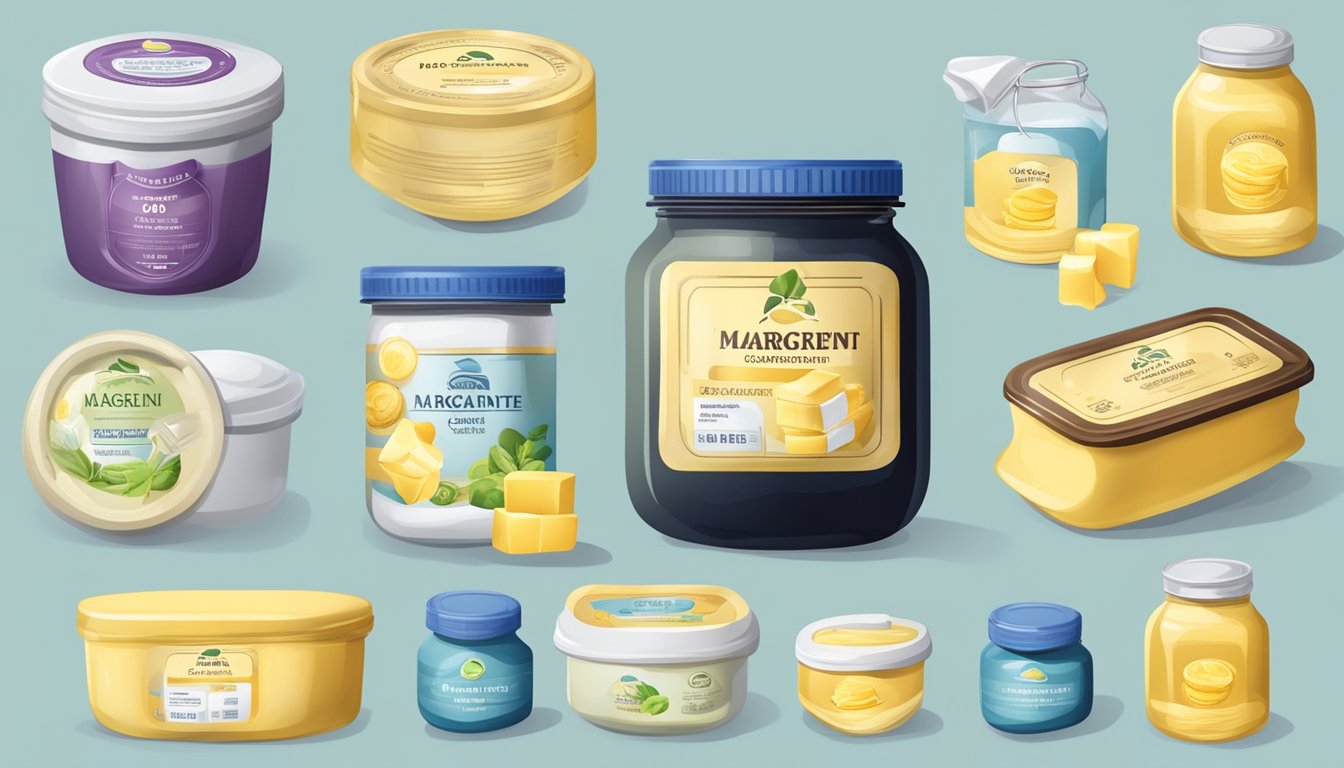 A jar of margarine surrounded by various labels and certification symbols