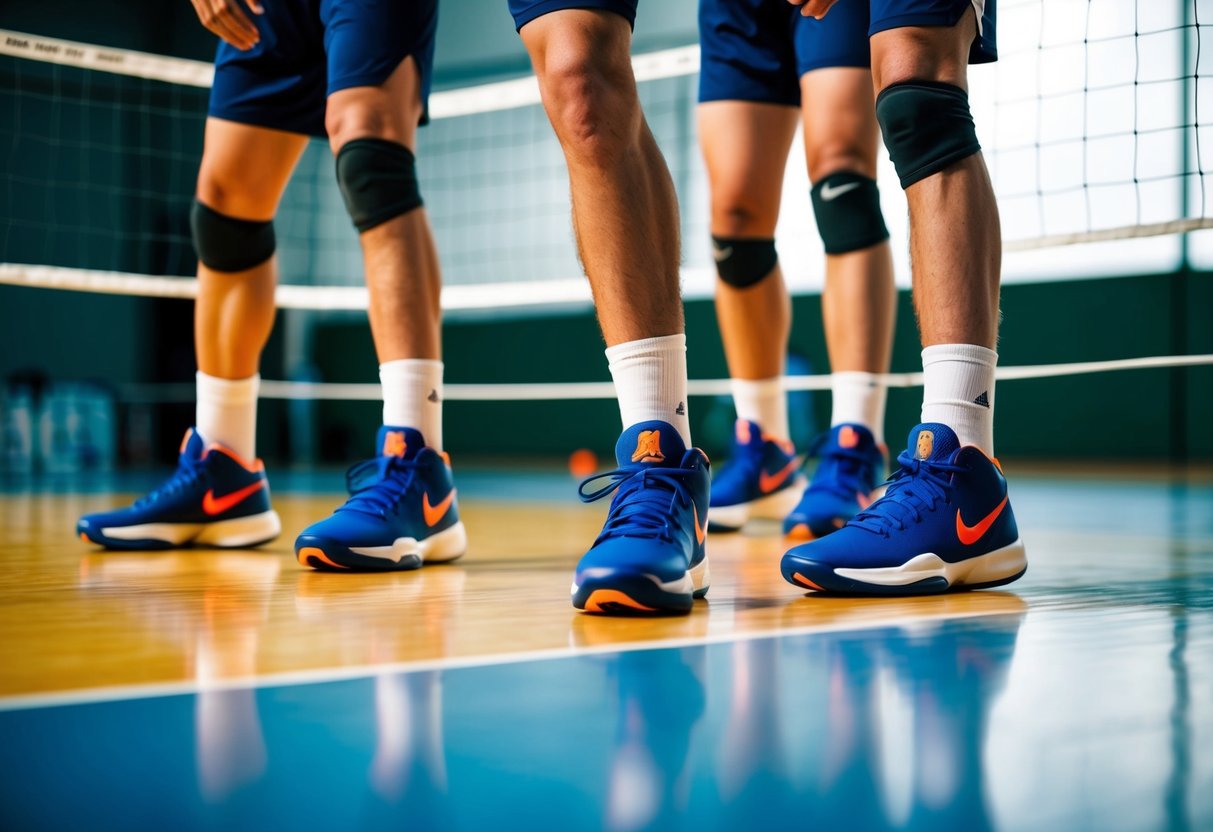 Volleyball players wearing basketball shoes on the court, with a volleyball net in the background