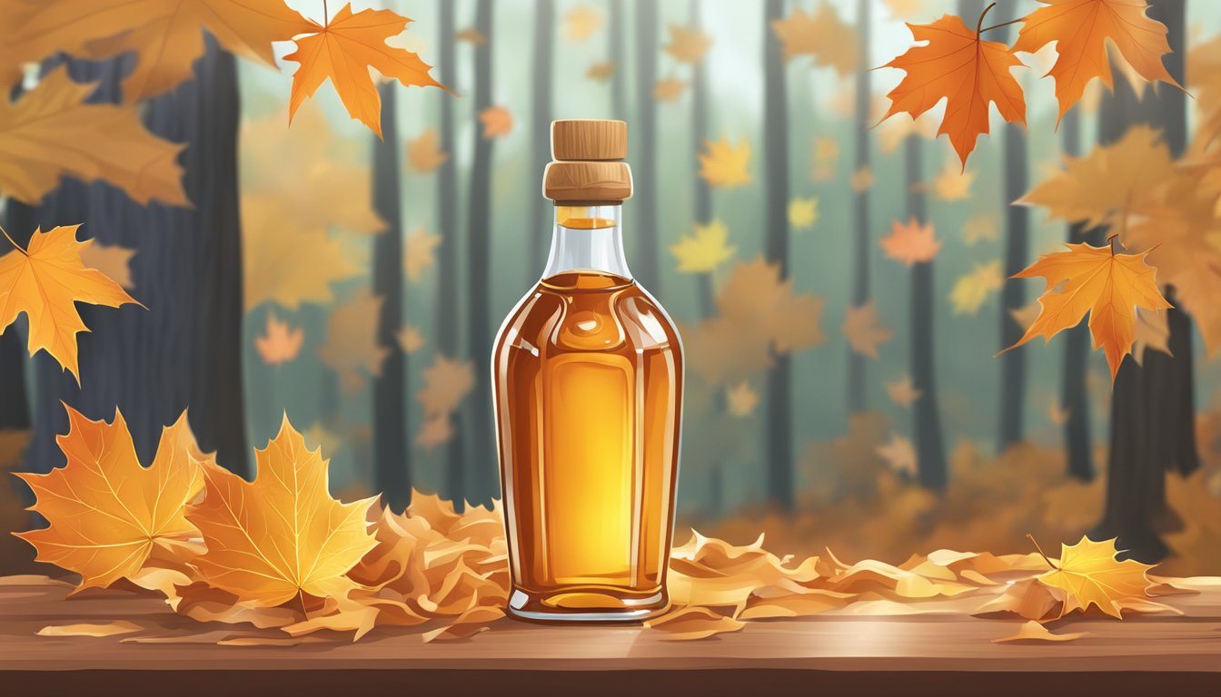 A clear glass bottle of maple syrup surrounded by fresh maple leaves and a pile of maple wood chips