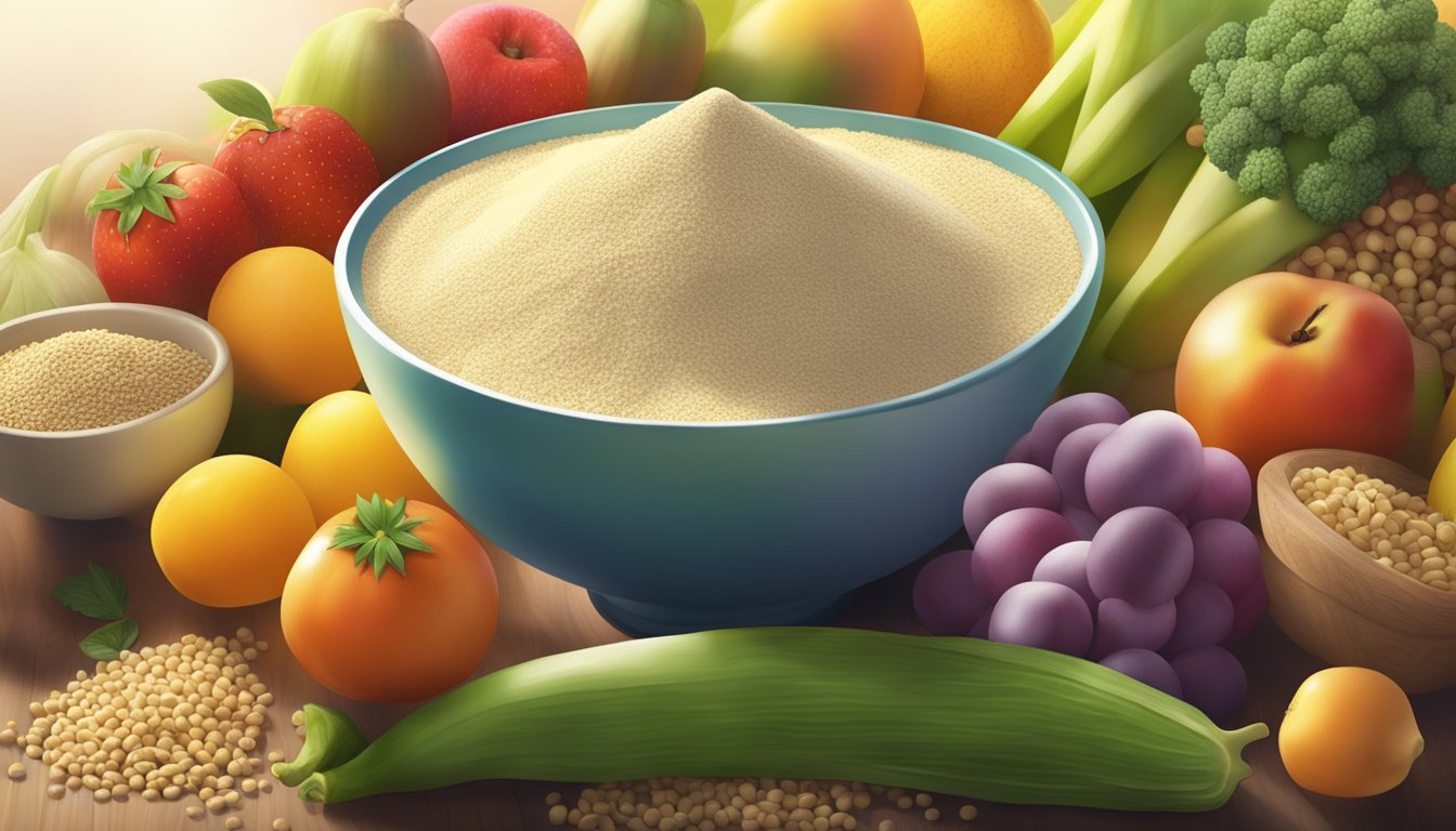 A bowl of millet flour surrounded by a variety of colorful fruits and vegetables, with a beam of sunlight illuminating the scene