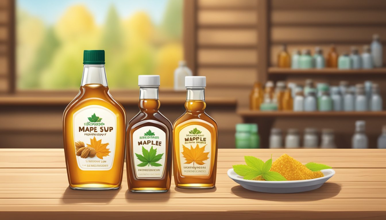 A bottle of maple syrup stands next to other sweeteners on a wooden table. Honey, agave, and stevia are arranged in a row for comparison