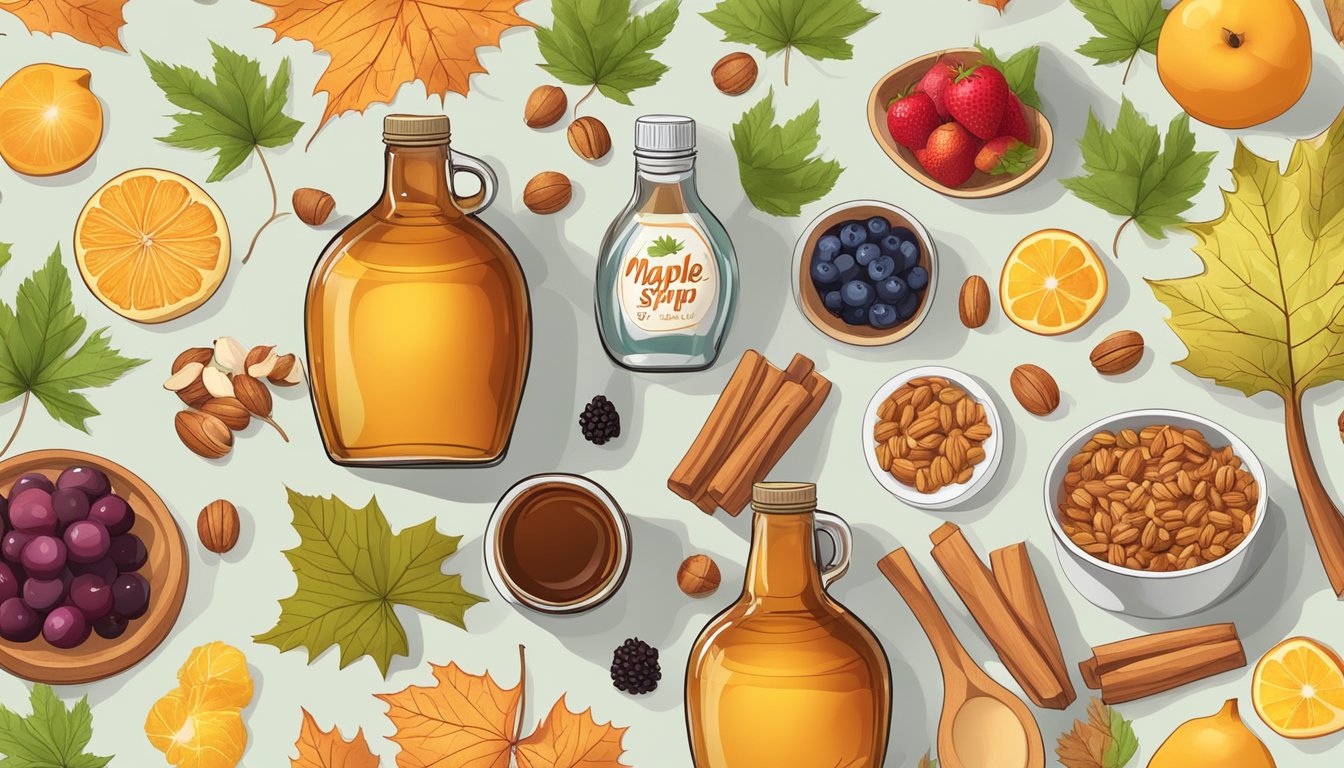 A jar of maple syrup surrounded by fresh maple leaves and a variety of vegan-friendly foods like fruits, nuts, and grains