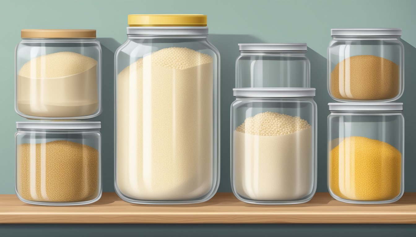 A glass jar filled with millet flour, sealed with a lid and placed on a pantry shelf