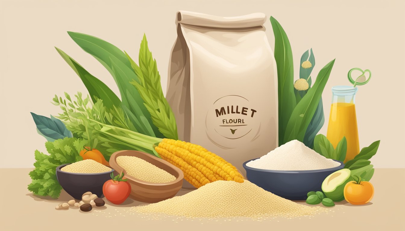 A bag of millet flour surrounded by various vegan food items