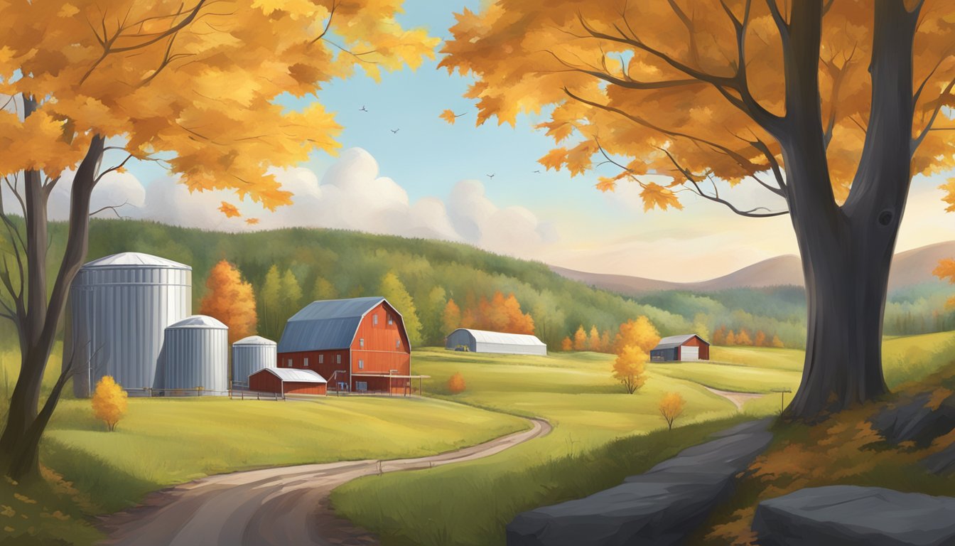 A lush maple forest with sap collecting buckets and a bustling syrup production facility nearby, surrounded by rolling hills and a thriving local economy