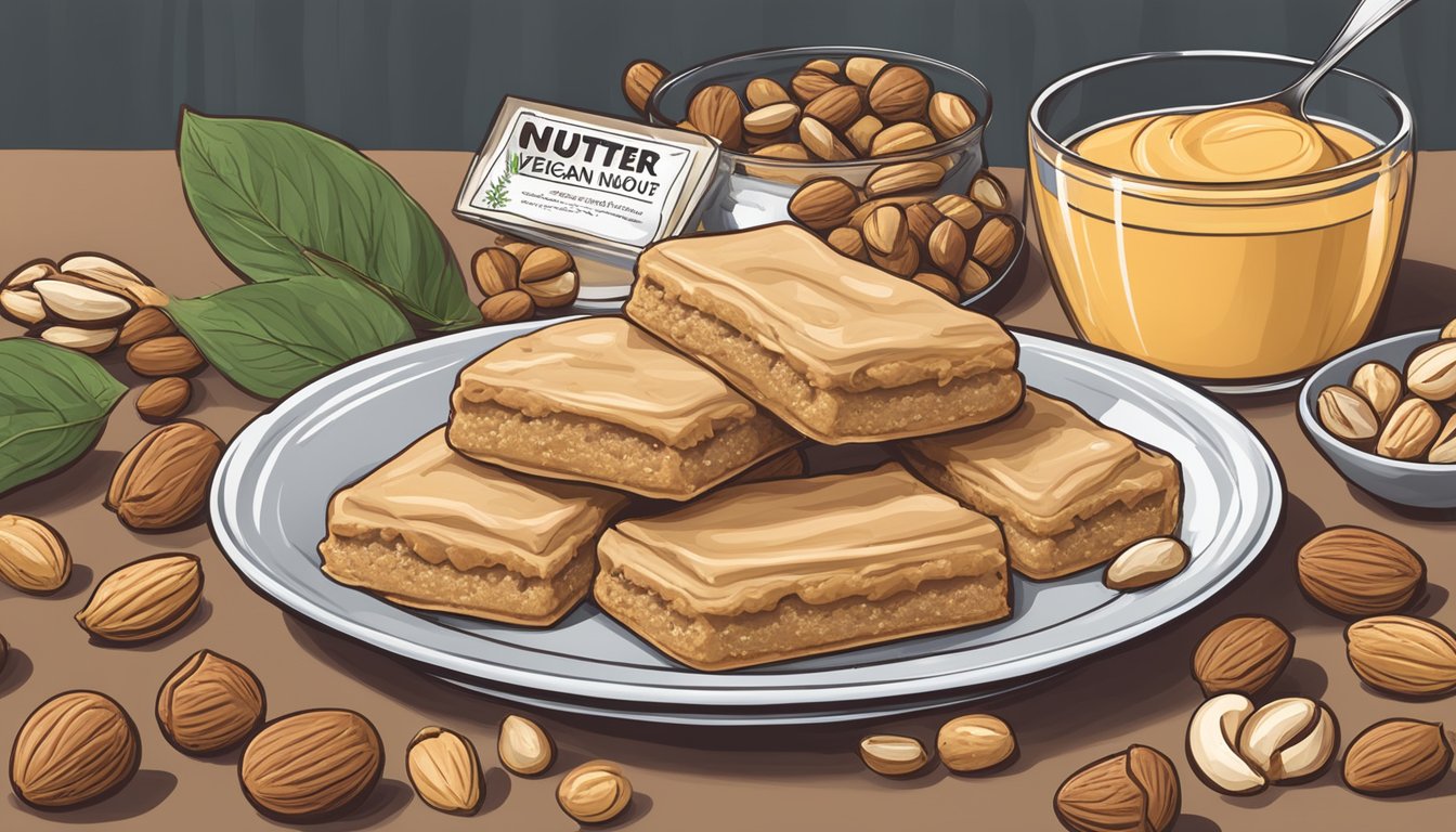 A plate of Nutter Butters surrounded by various nuts and plants, with a "vegan" label prominent in the background