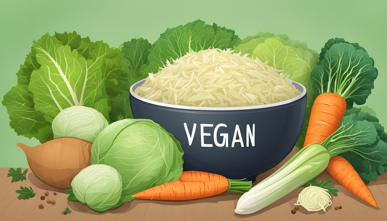 A bowl of sauerkraut surrounded by cabbage leaves, carrots, and spices, with a "vegan" label in the background