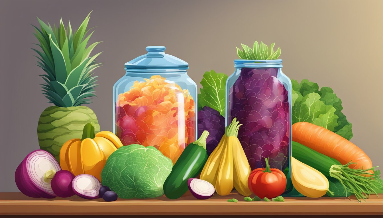 A colorful array of fresh vegetables and fruits arranged in a vibrant display, with a prominent jar of sauerkraut as the centerpiece