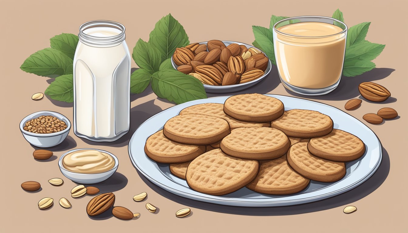 A plate of various nutter butter cookies surrounded by a selection of vegan-friendly ingredients such as nuts, seeds, and plant-based milk