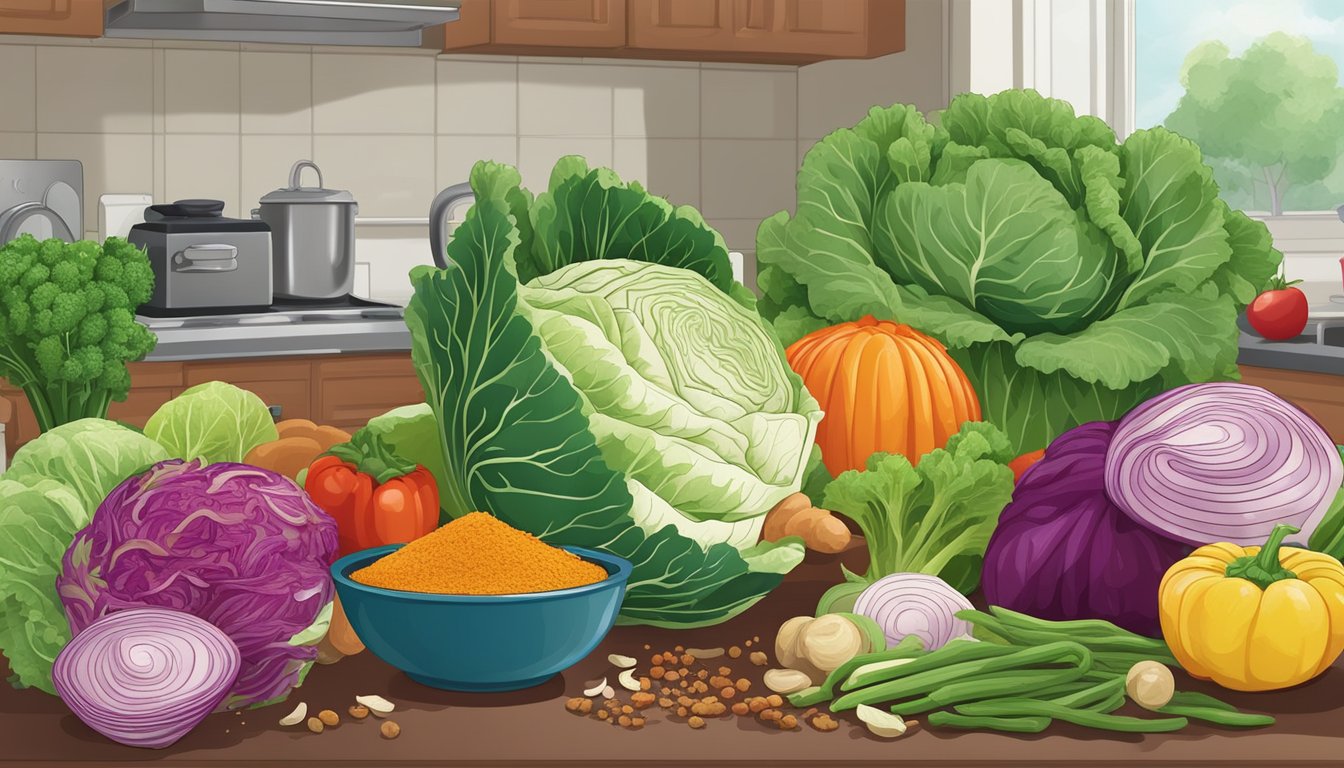 A colorful array of vegetables and spices arranged on a kitchen counter, with a head of cabbage being shredded into a bowl