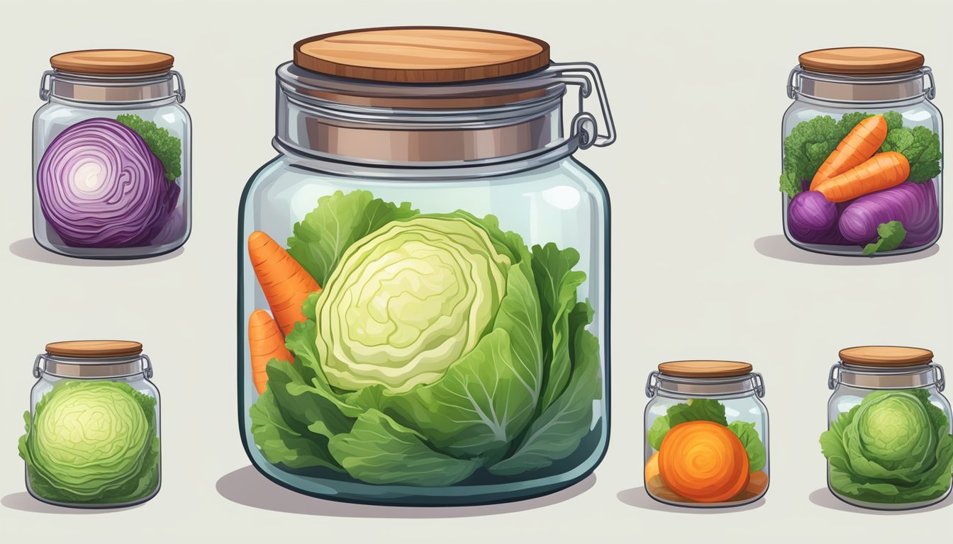 A vibrant pile of fresh cabbage, carrots, and spices fermenting in a glass jar, emitting a tangy aroma