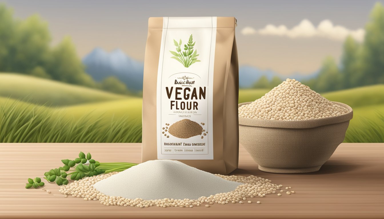 A bag of buckwheat flour with a "vegan" label, surrounded by buckwheat grains and a sprig of buckwheat plant