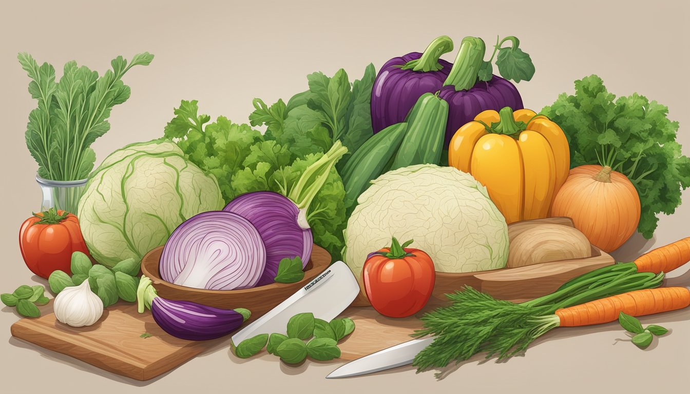 A colorful array of fresh vegetables and herbs surround a bowl of sauerkraut, with a chef's knife and cutting board nearby