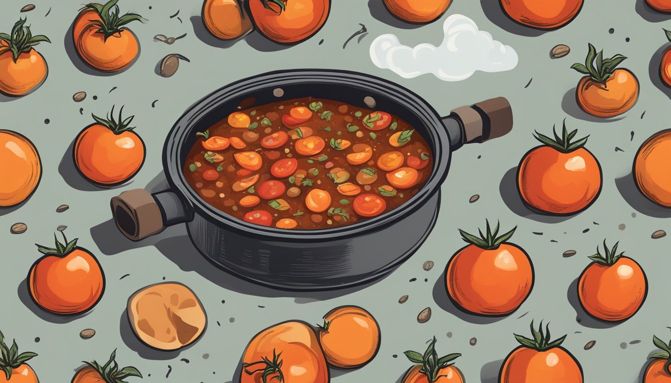 A spread of ripe tomatoes, tangy vinegar, and smoky spices blend in a bubbling pot over a crackling fire