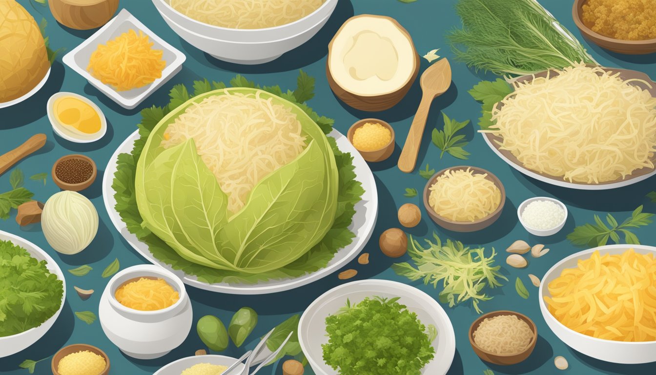 A table with bowls of sauerkraut surrounded by various cultural and regional symbols