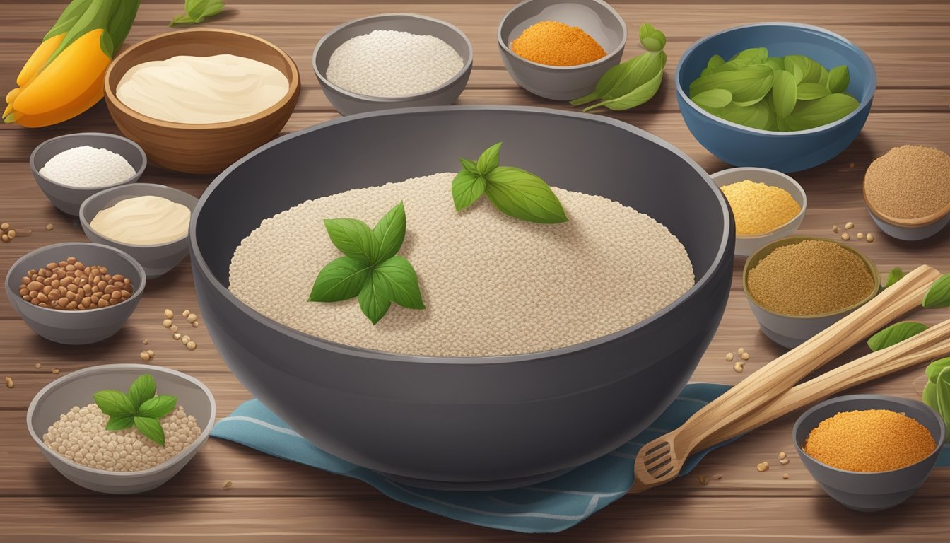 A bowl of buckwheat flour surrounded by various vegan ingredients and substitutes on a wooden table