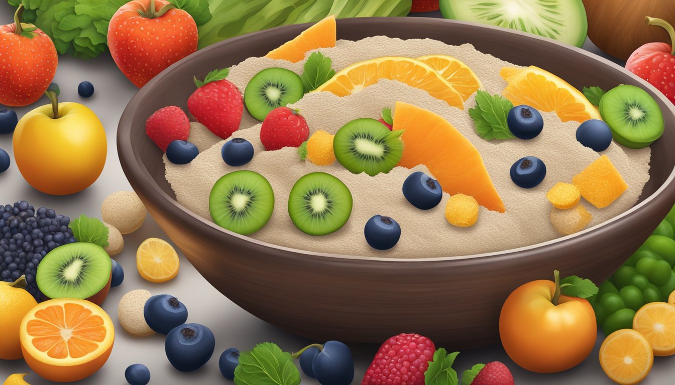 A bowl of buckwheat flour surrounded by vibrant fruits and vegetables, with a sprinkle of nutritional boosters and flavor enhancers