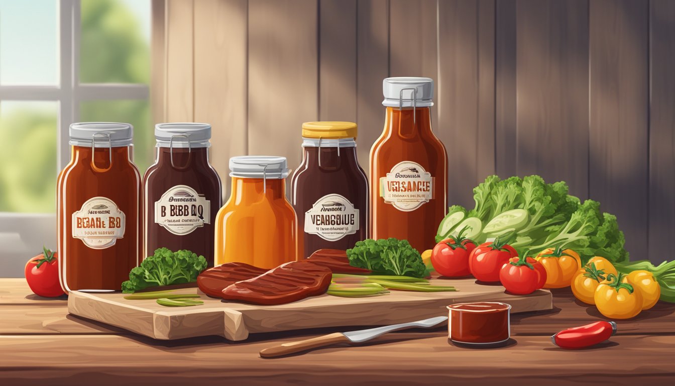 A group of colorful bottles of vegan BBQ sauce arranged on a wooden table with fresh vegetables and grilling utensils in the background