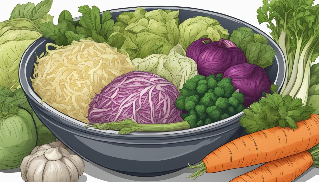 A bowl of sauerkraut surrounded by various vegetables and herbs, with a label indicating it is vegan