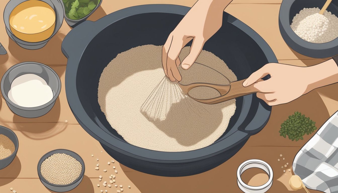 A person pours buckwheat flour into a mixing bowl while various vegan ingredients and cooking utensils are arranged on the countertop