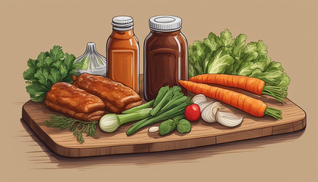 A bottle of vegan BBQ sauce surrounded by fresh vegetables and herbs on a wooden cutting board