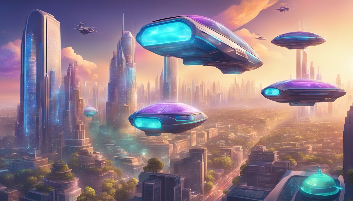 A vibrant, futuristic cityscape with towering skyscrapers and flying cars, where sauerkraut is showcased as a prominent superfood in holographic displays