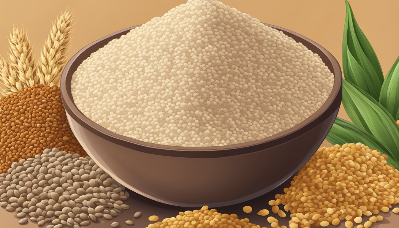 A bowl of sorghum flour surrounded by various grains and seeds