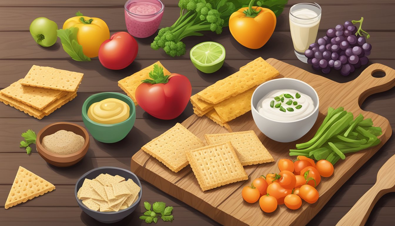 A variety of vegan food items, including triscuits, displayed on a wooden cutting board with fresh vegetables and fruits in the background