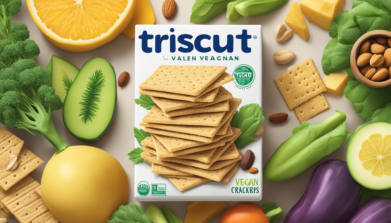 A stack of Triscuit crackers surrounded by a variety of plant-based ingredients like vegetables, fruits, and nuts, with a "vegan" label in the background