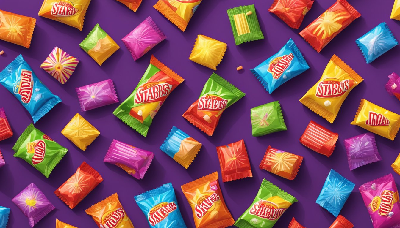 A colorful array of starburst candies spread out on a table, with various flavors and vibrant wrappers