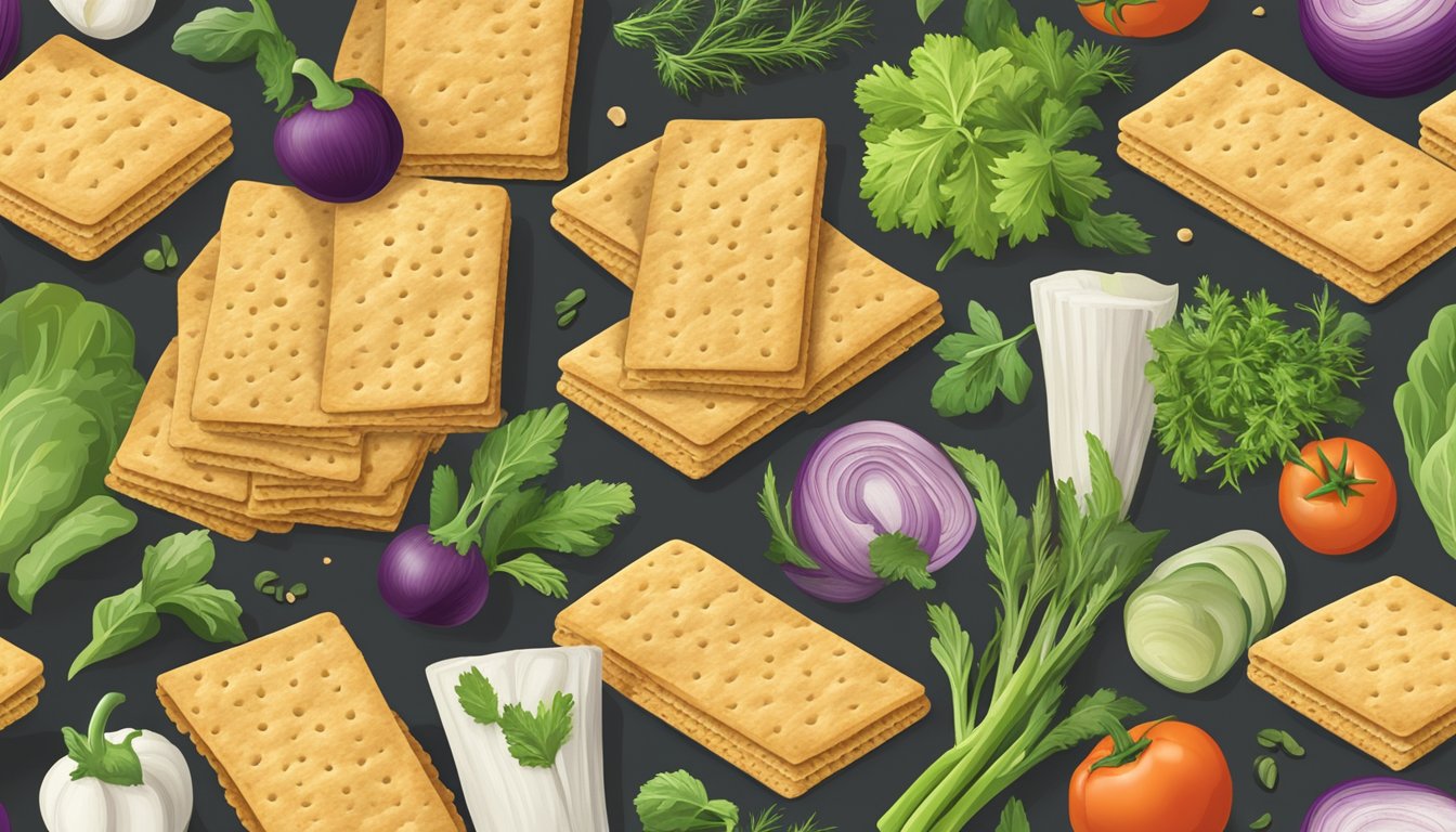 A variety of Triscuit crackers surrounded by fresh vegetables and herbs, with a clear label indicating "Vegan."